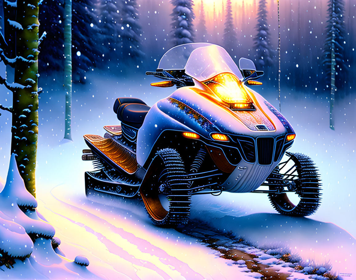 Snowmobile parked in snowy forest landscape at twilight with light snowfall.