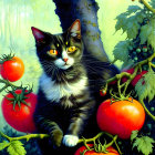 Colorful Cat Illustration Surrounded by Roses and Foliage