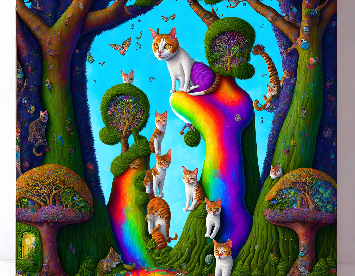 Colorful Artwork: Multiple Cats on Rainbow Pathway