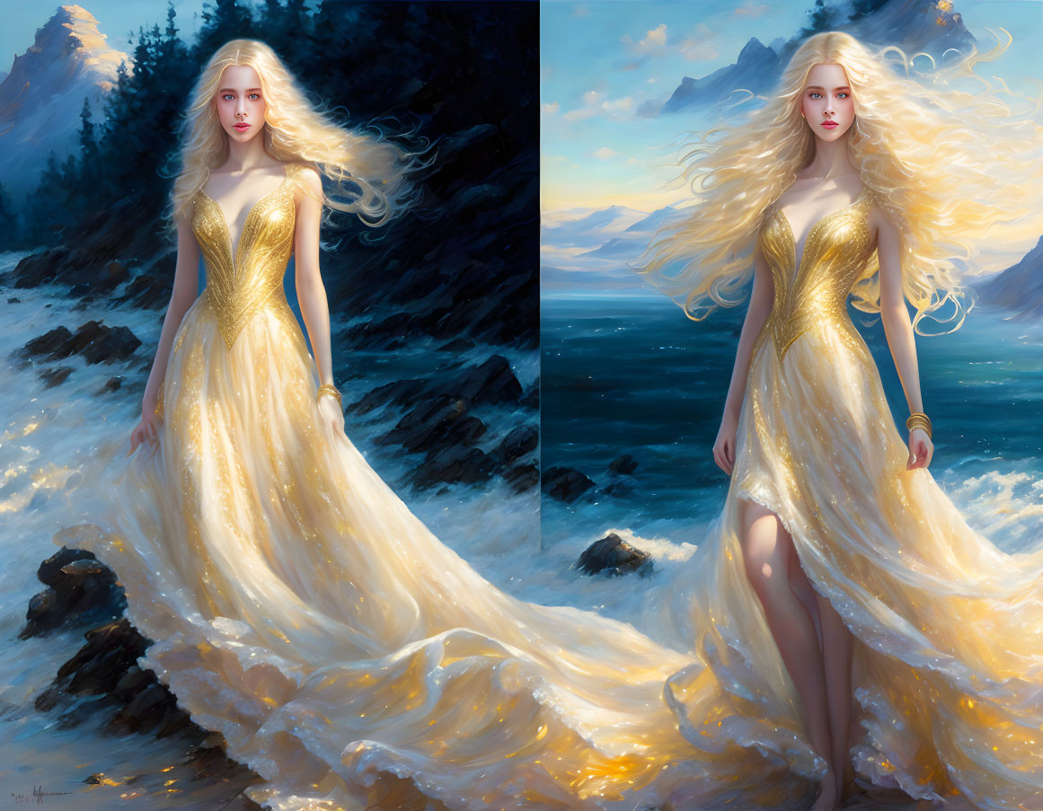 Woman in Golden Gown by Sea with Windblown Hair