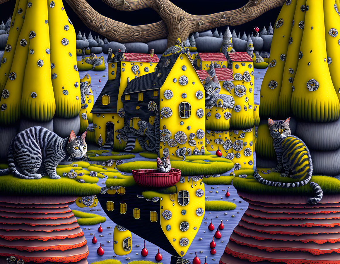 Patterned Hills and Striped Cats in Surreal Landscape