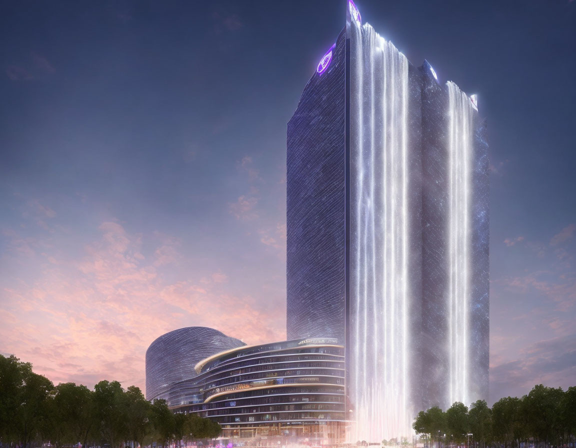 Futuristic skyscraper with waterfall facade at twilight