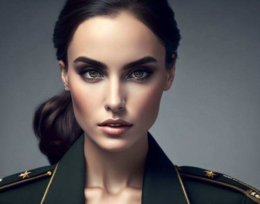 Woman with Green Eyes in Military Jacket & Side Ponytail