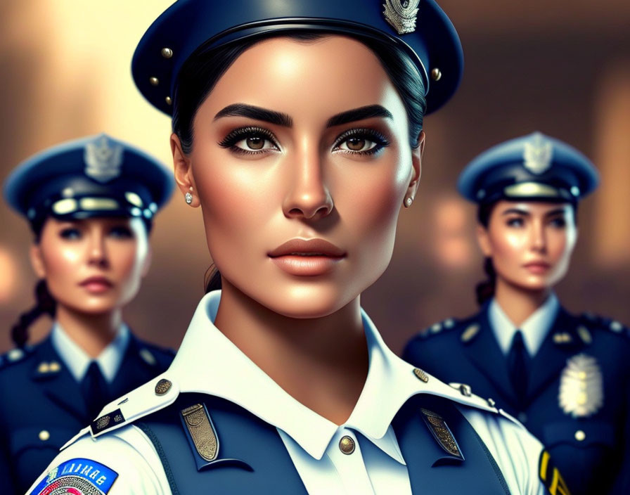 Three female officers in uniform digital art with focused gaze