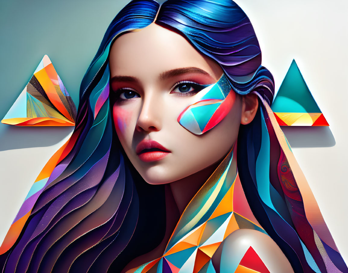 Colorful Geometric Patterns on Girl's Hair and Face with Floating Abstract Triangles