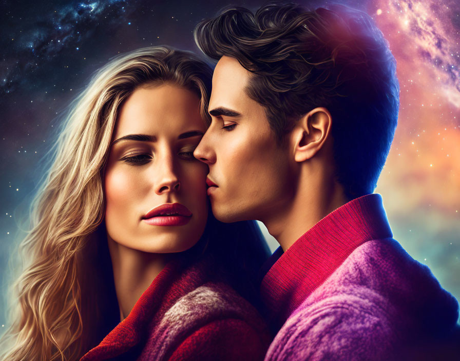 Romantic couple in cosmic setting, man kissing woman's forehead