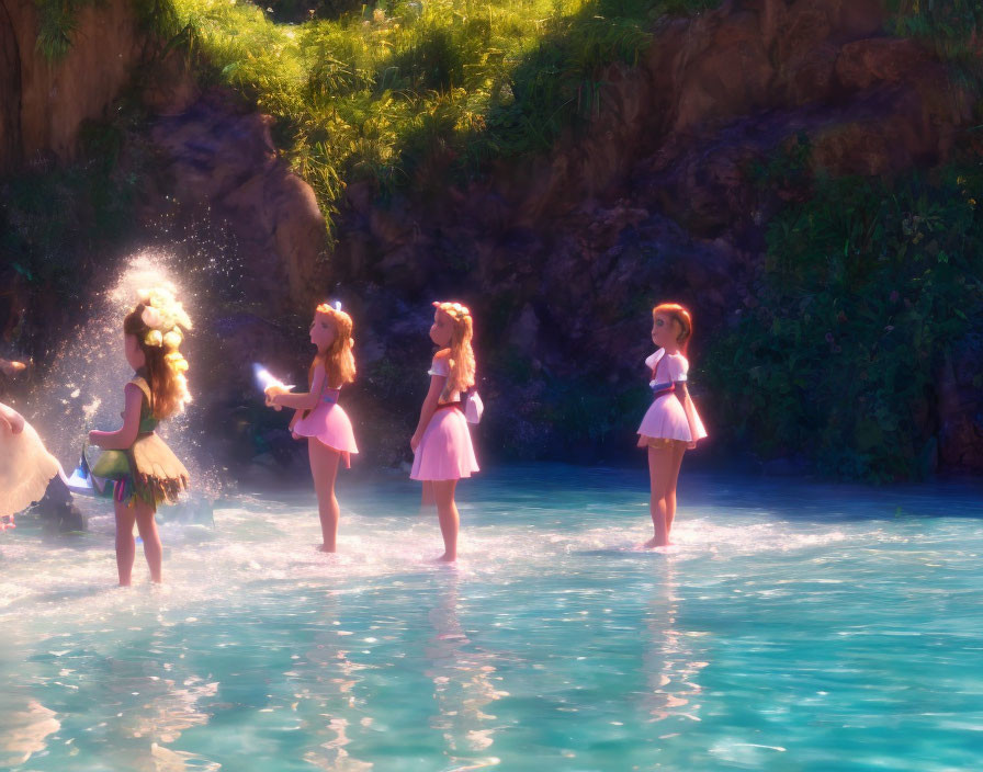 Four animated girls in pink dresses playing in shallow water with a rocky backdrop