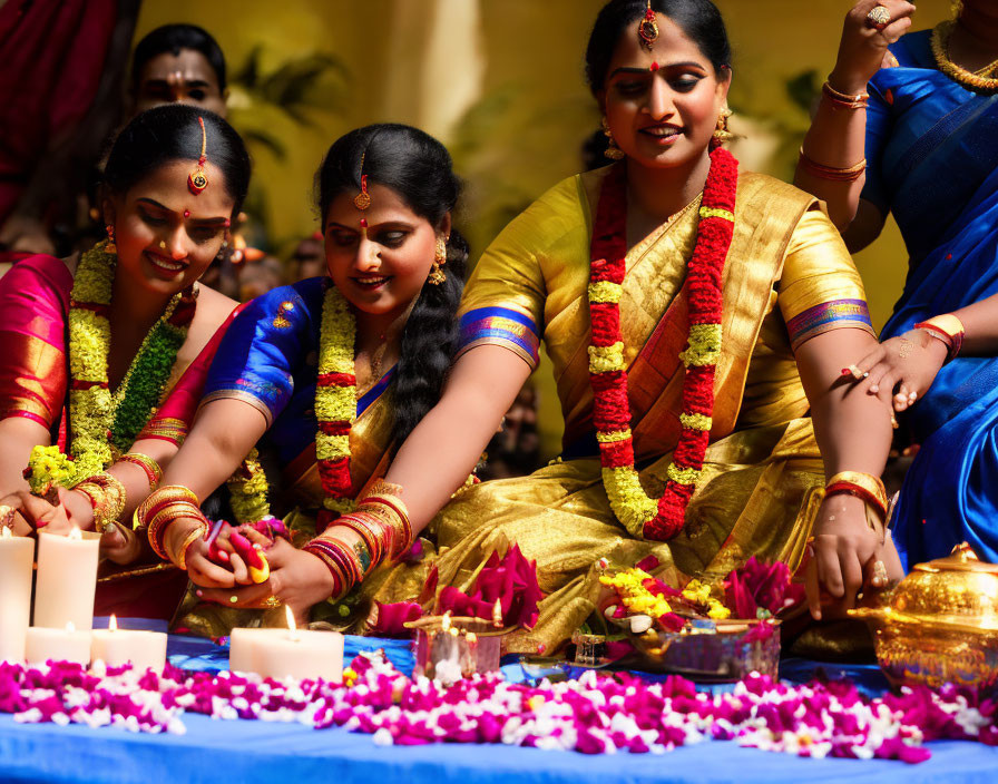 Traditional Indian attire: Three women perform ritual with flowers, candles, and brass pot