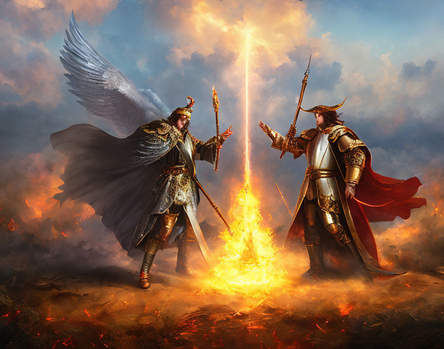 Warriors with angelic wings, one white and one dark, face off in flames with spears