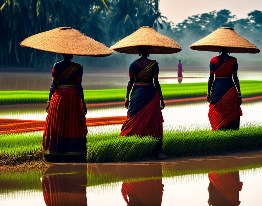 Traditional dressed women by paddy field with reflection in water