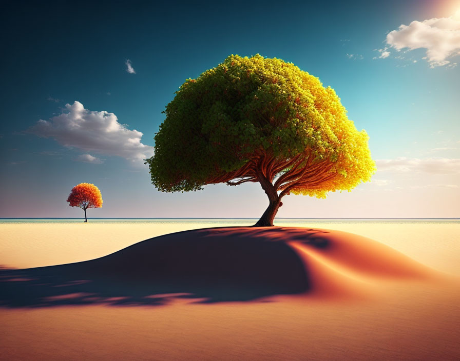 Majestic tree with lush canopy on sand dune under clear blue sky