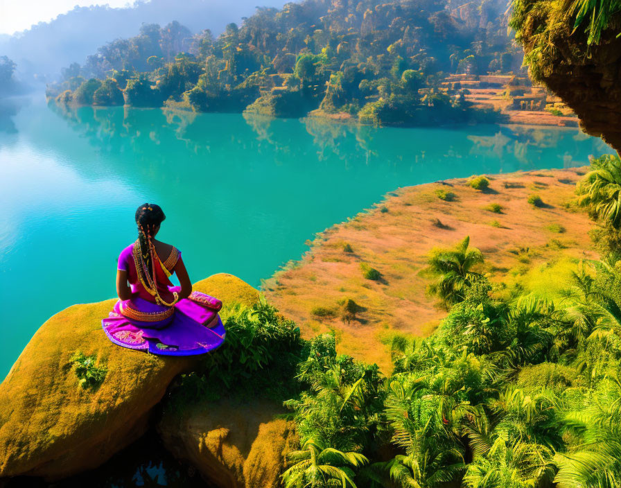 Person in Bright Purple Saree on Cliff Overlooking Turquoise Lake