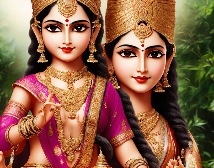 Vibrant Hindu goddesses in traditional attire with gold jewelry against green background