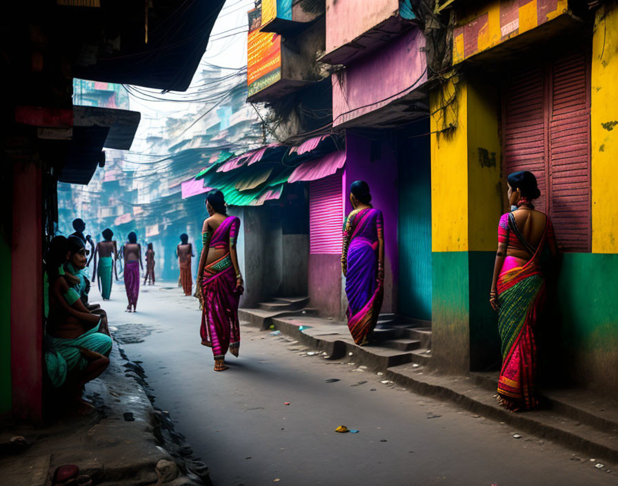 Vibrant Street Scene: Women in Colorful Saris Walking and Talking