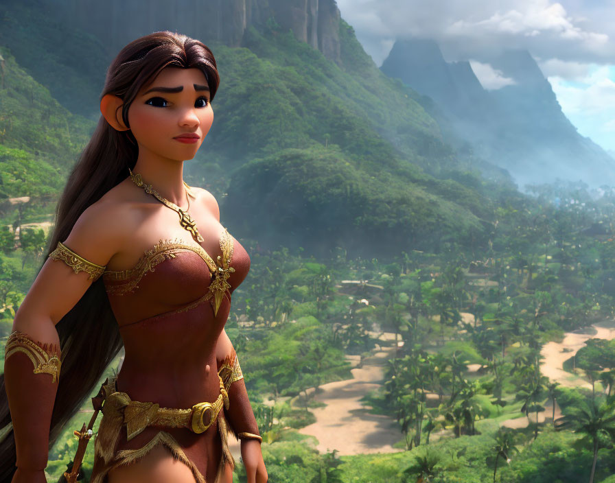 Long-haired animated character in tribal attire against lush mountain and palm tree backdrop