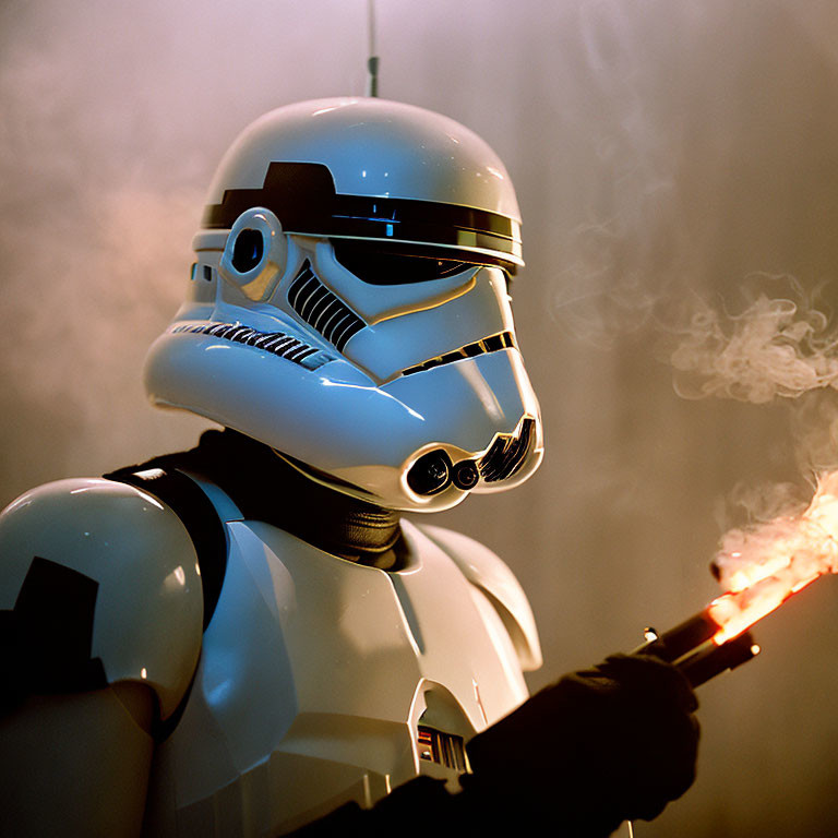 Stormtrooper costume holding smoking flare in foggy setting