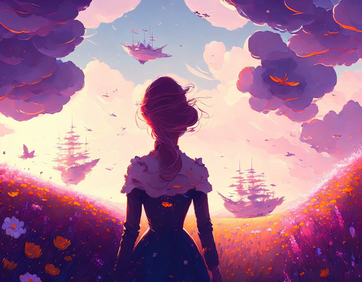 Woman in dress gazes at floating ships in dreamy purple sky