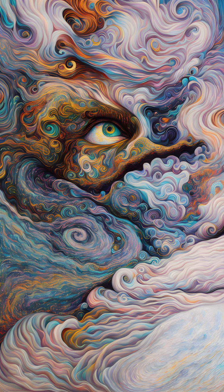 Colorful Swirl of Shapes in Surreal Portrait with Prominent Eye