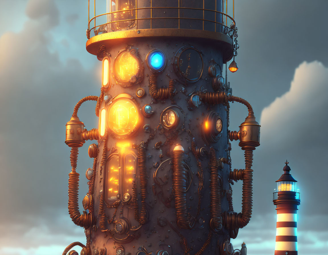 Fantastical tower with orbs and pipes next to striped lighthouse at twilight