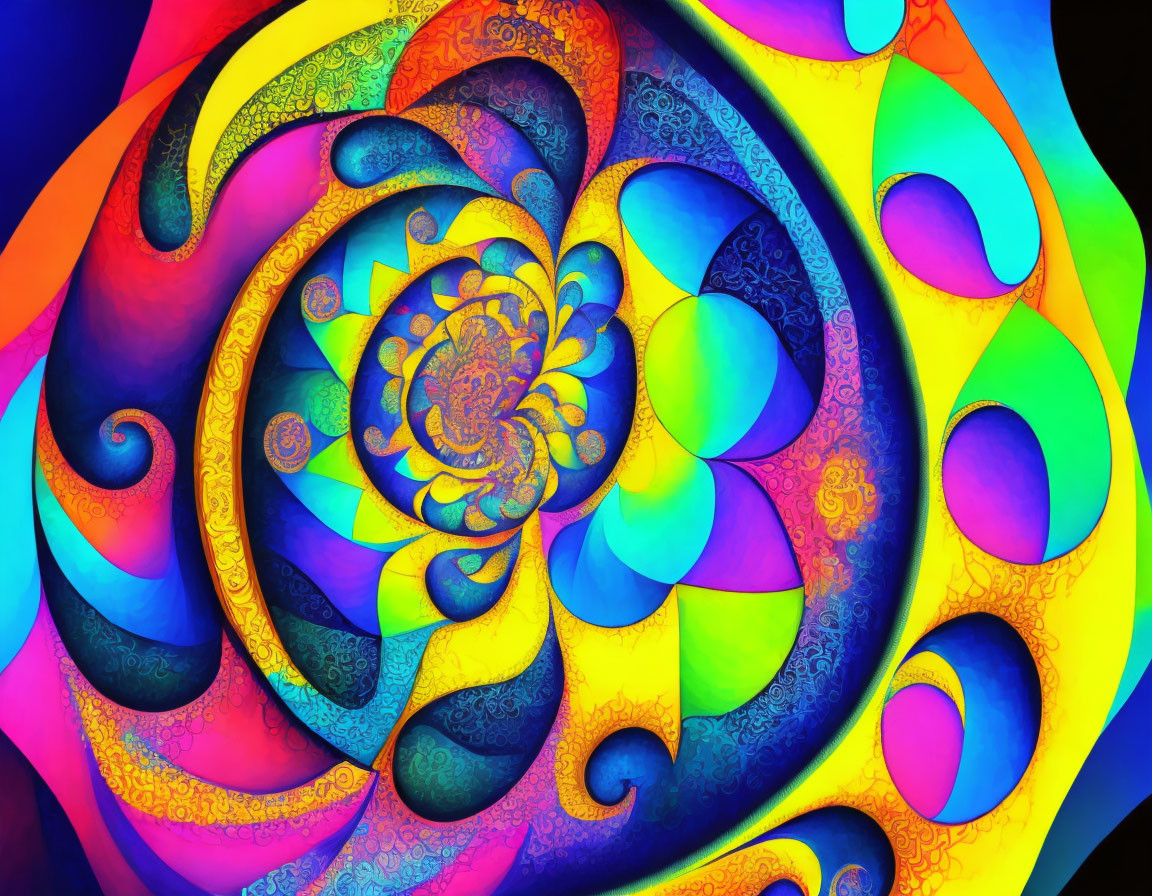 Vibrant Abstract Fractal Design with Spiral Patterns in Blues, Yellows, Reds, and