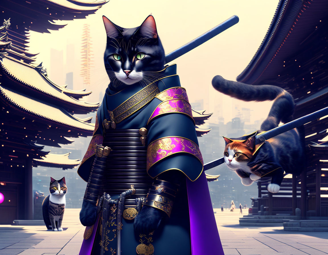 Regal cats in samurai armor with swords in mystical Japanese setting