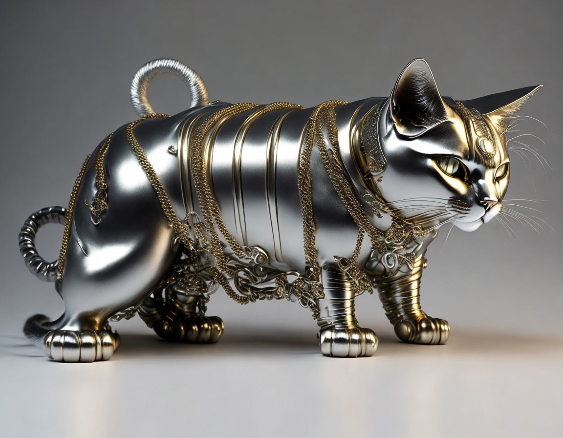 Metallic Cat Sculpture with Golden Chains and Jewelry