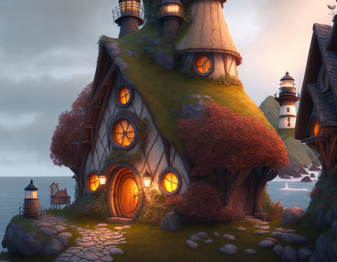 Whimsical animated cottage by the seaside with circular windows and thatched roof