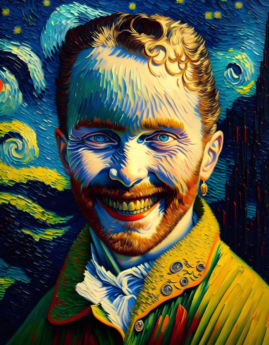 Smiling man portrait with Van Gogh style hair, beard, starry night background, vibrant colors