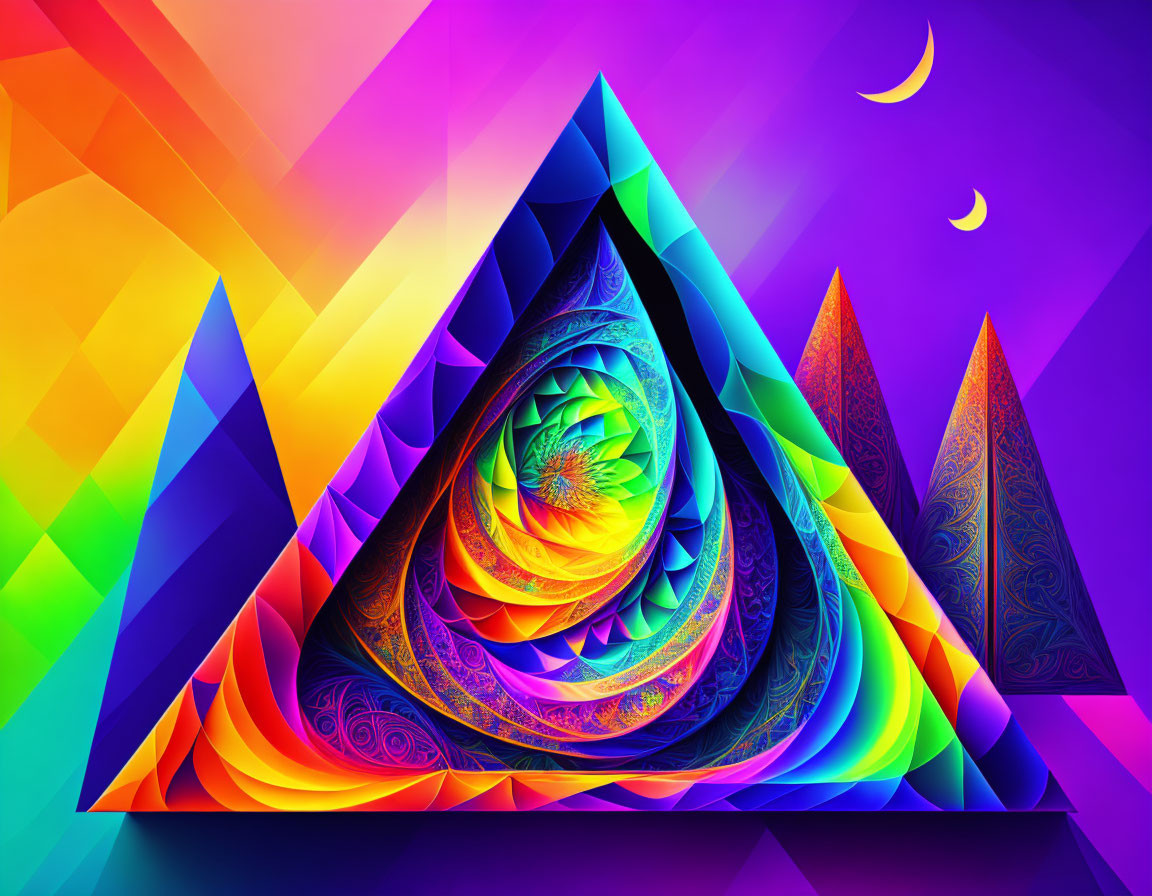 Colorful Digital Art: Recursive Triangles & Crescent Moons