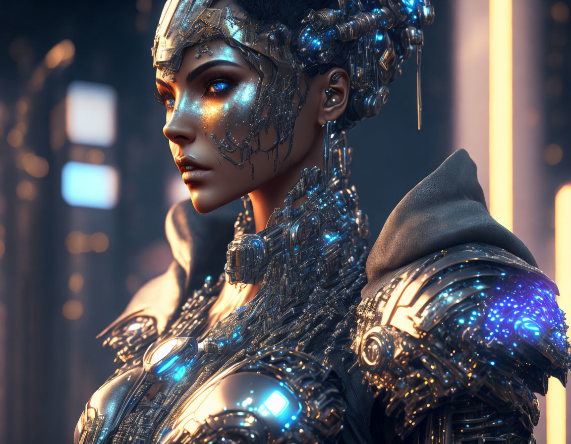 Detailed Close-Up of Female Android with Cybernetic Features and Futuristic Helmet