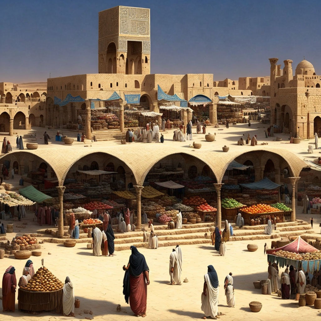 Vibrant ancient marketplace with traditional attire, colorful stalls, and stone architecture