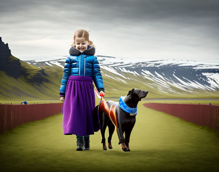 Young girl in blue jacket walks black dog on green path with snowy mountains.