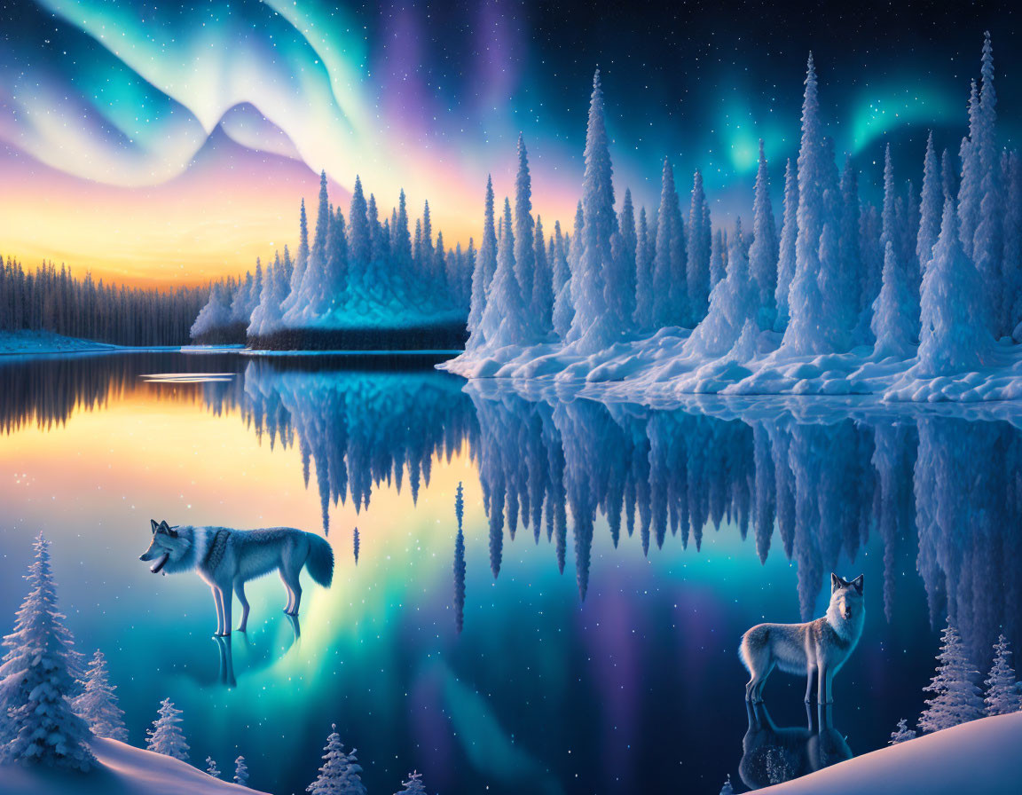 Snowy Night Landscape: Wolves, Lake, Trees, Aurora Borealis