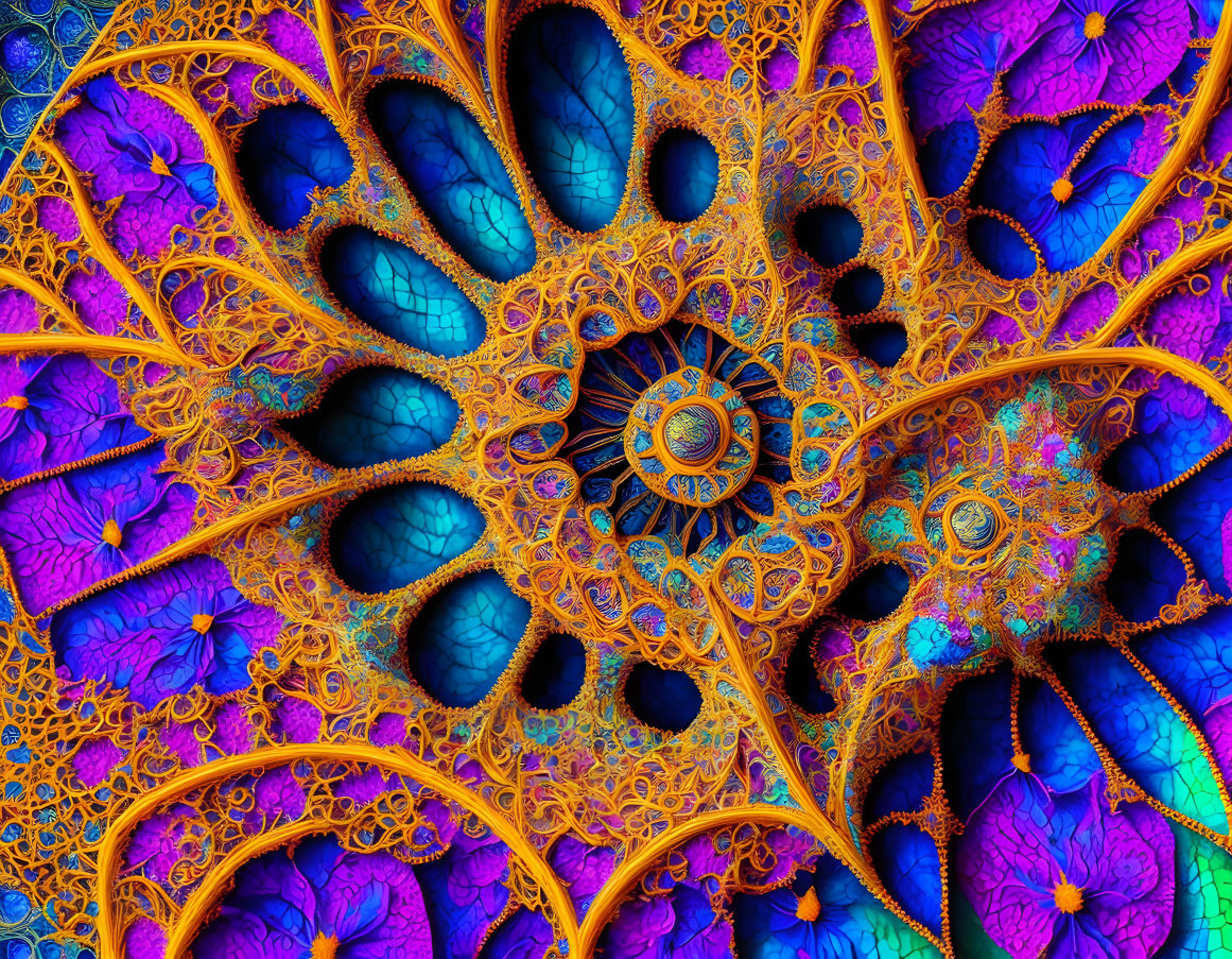 Colorful fractal image with orange, blue, and purple abstract patterns