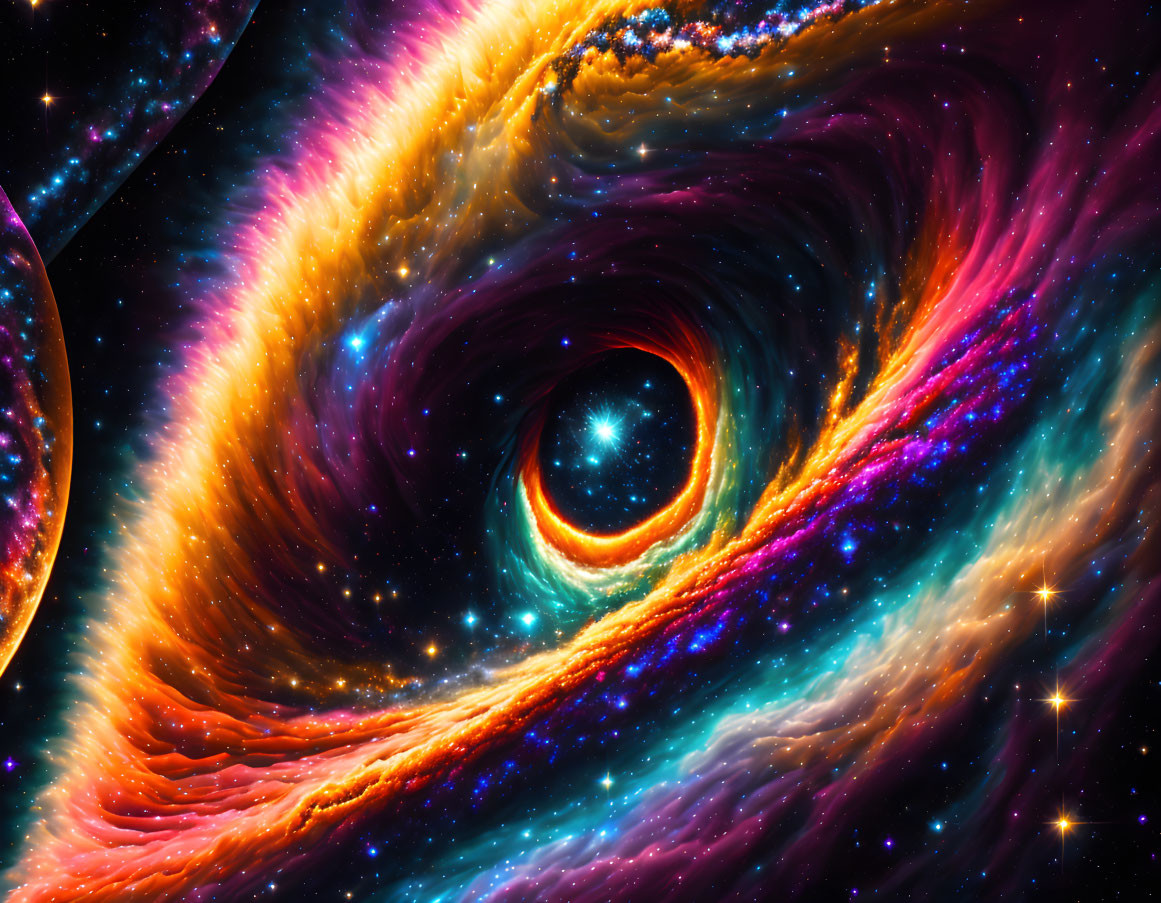 Colorful Cosmic Scene with Swirling Galaxy and Black Hole