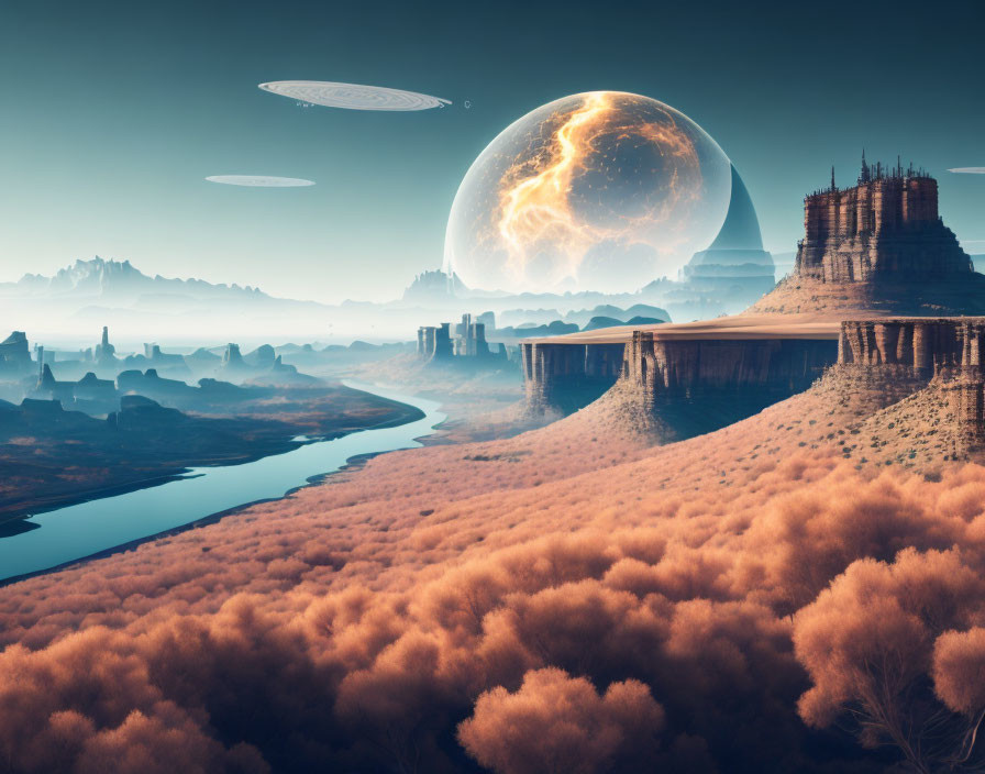 Surreal landscape with orange foliage, meandering river, towering mesas, and UFOs.