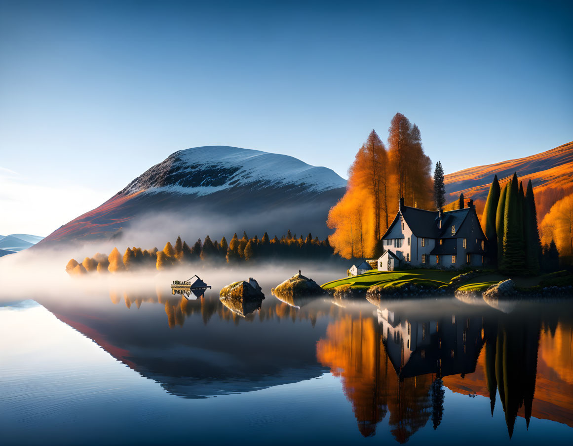 Tranquil lake scene with autumn trees, snowy mountain, and boat at twilight