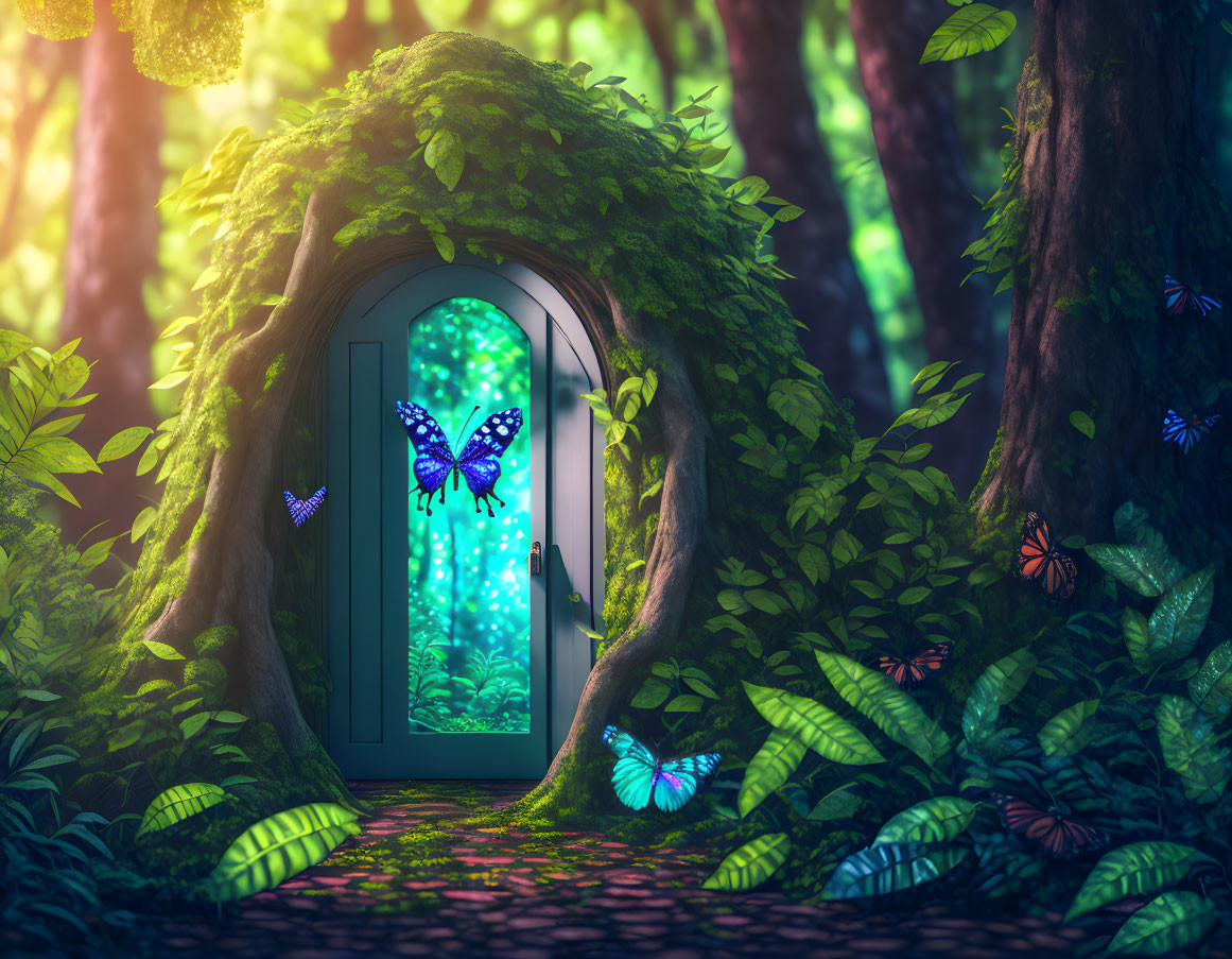 Enchanting forest scene with moss-covered hill and teal door surrounded by butterflies and mystical green light