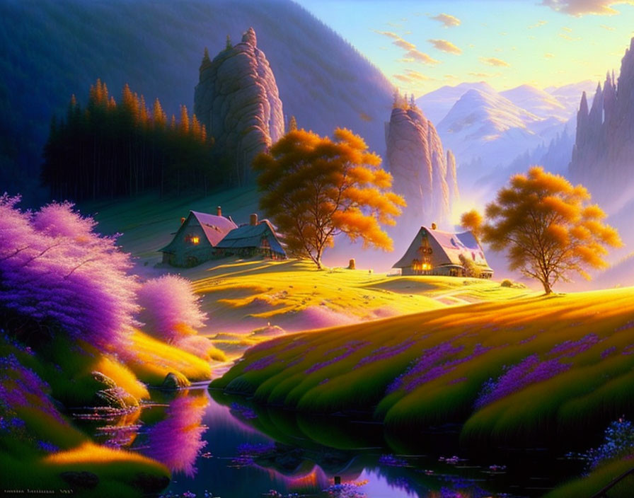 Tranquil landscape with purple flora, river, cottages, hills, and rock formations at dusk