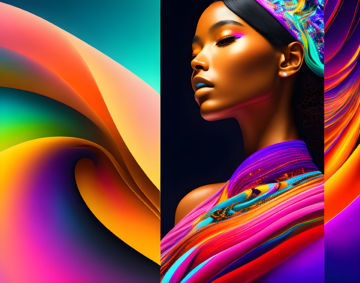 Vibrant digital art: woman's profile with flowing colors & abstract shapes