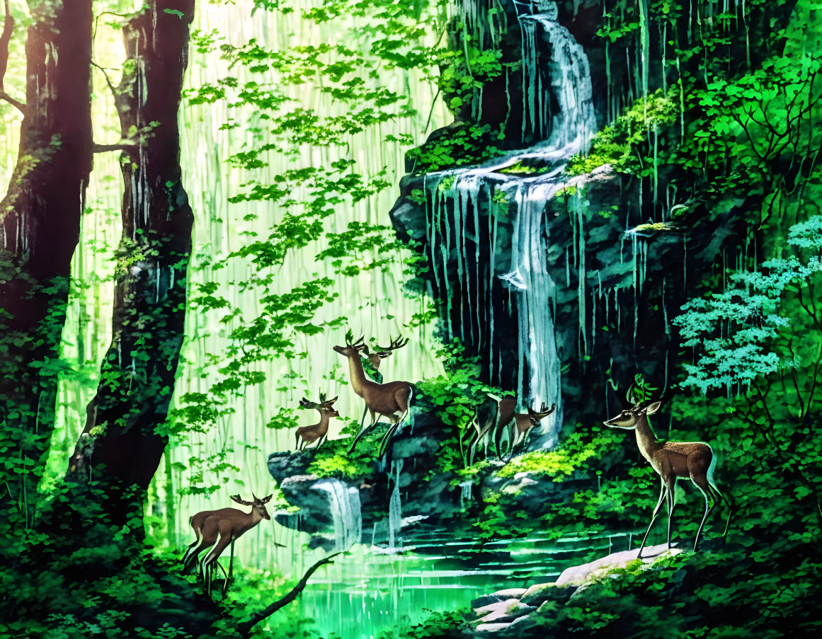 Serene forest landscape with waterfall, deer, and sunlight