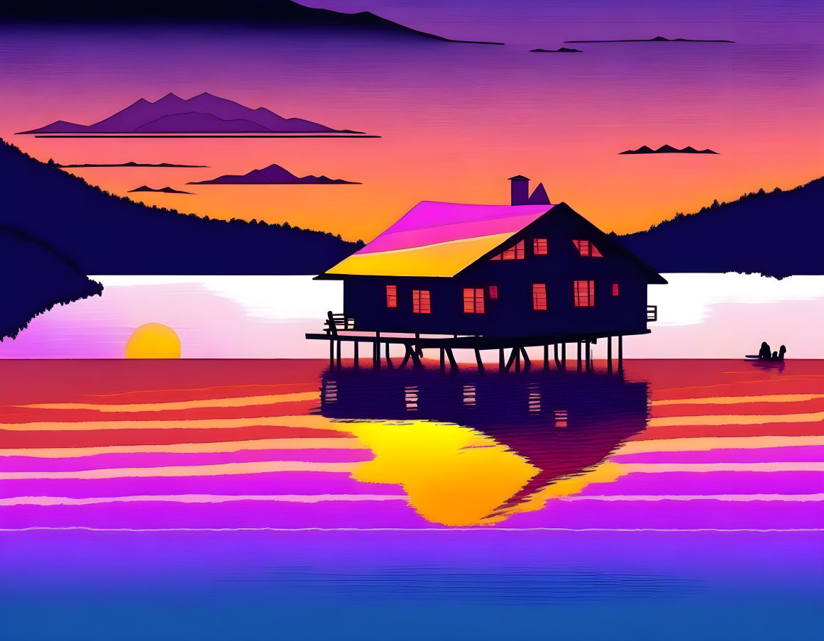 Colorful Sunset Over Lake with Stilted House and Canoe