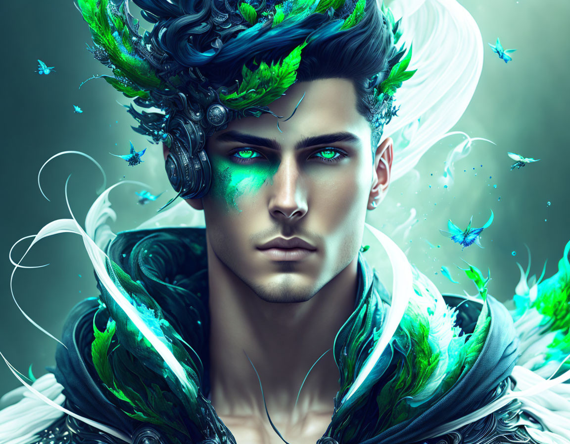 Male figure with blue and green feathers and flying creatures in fantasy digital art