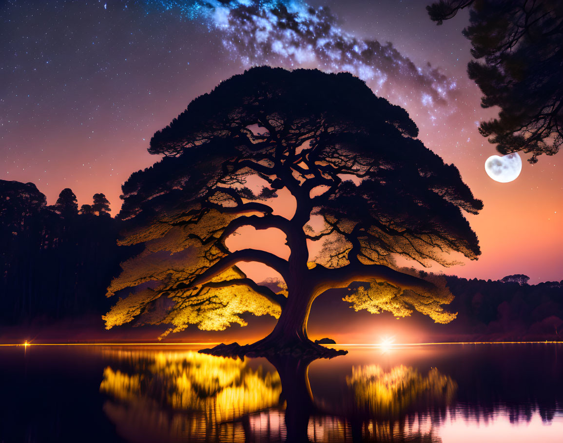 Majestic tree by tranquil lake under starry night sky