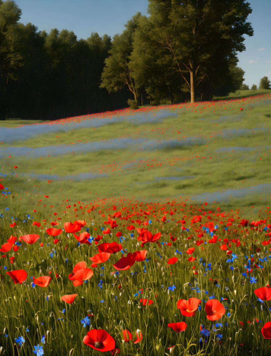 Vibrant red poppies and blue flowers in serene meadow with trees.