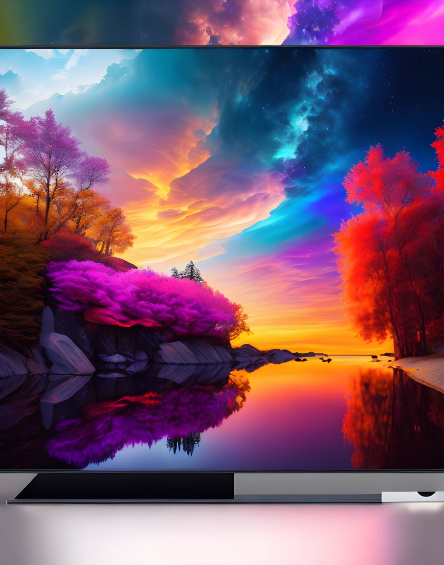 Vibrant purple tree sunset reflected on TV screen in room setting