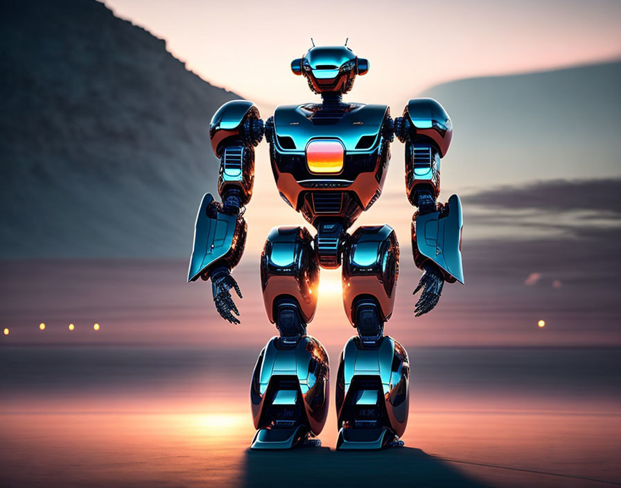 Futuristic humanoid robot under warm ambient light at dusk