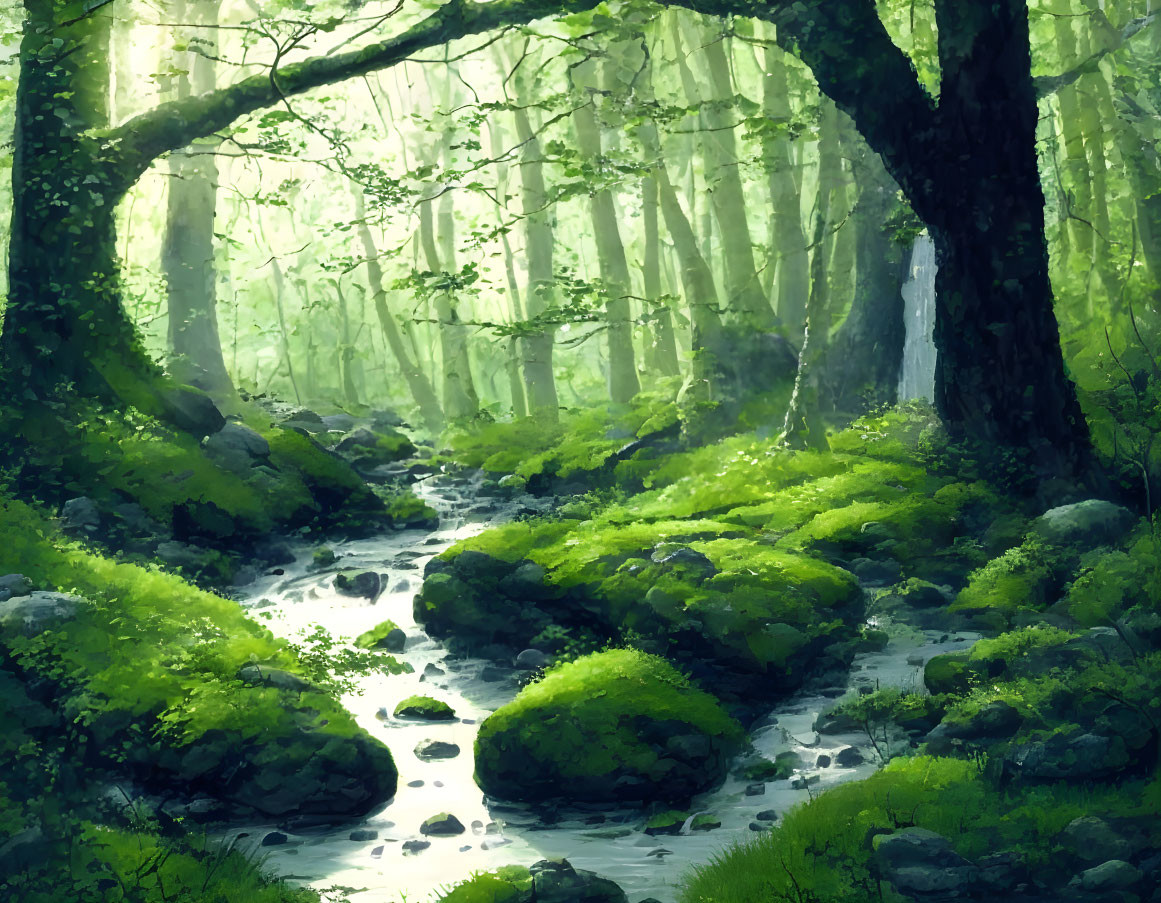 Tranquil forest landscape with sunbeams, stream, and moss-covered rocks