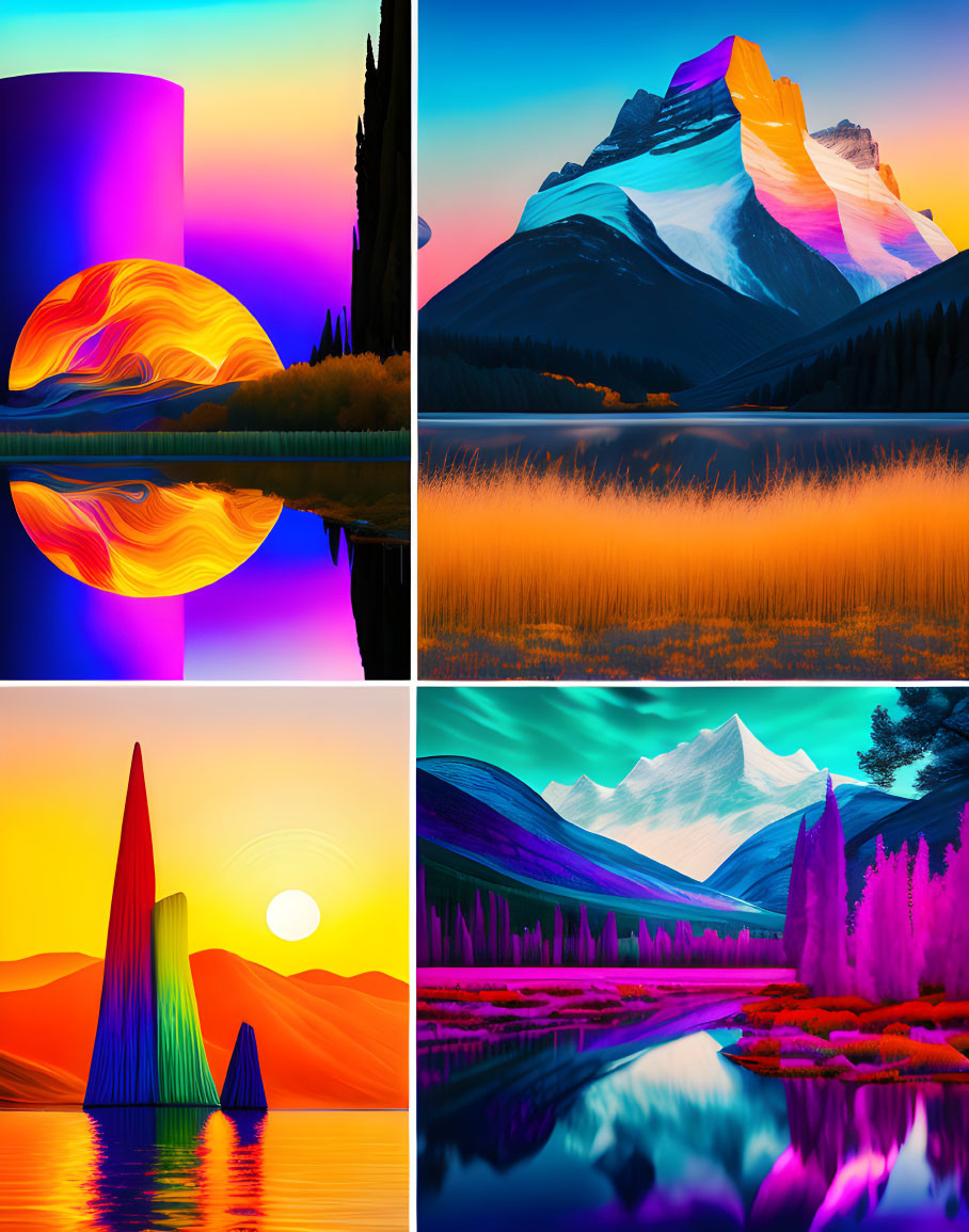 Surreal neon landscapes with mountains, water reflections, and trees