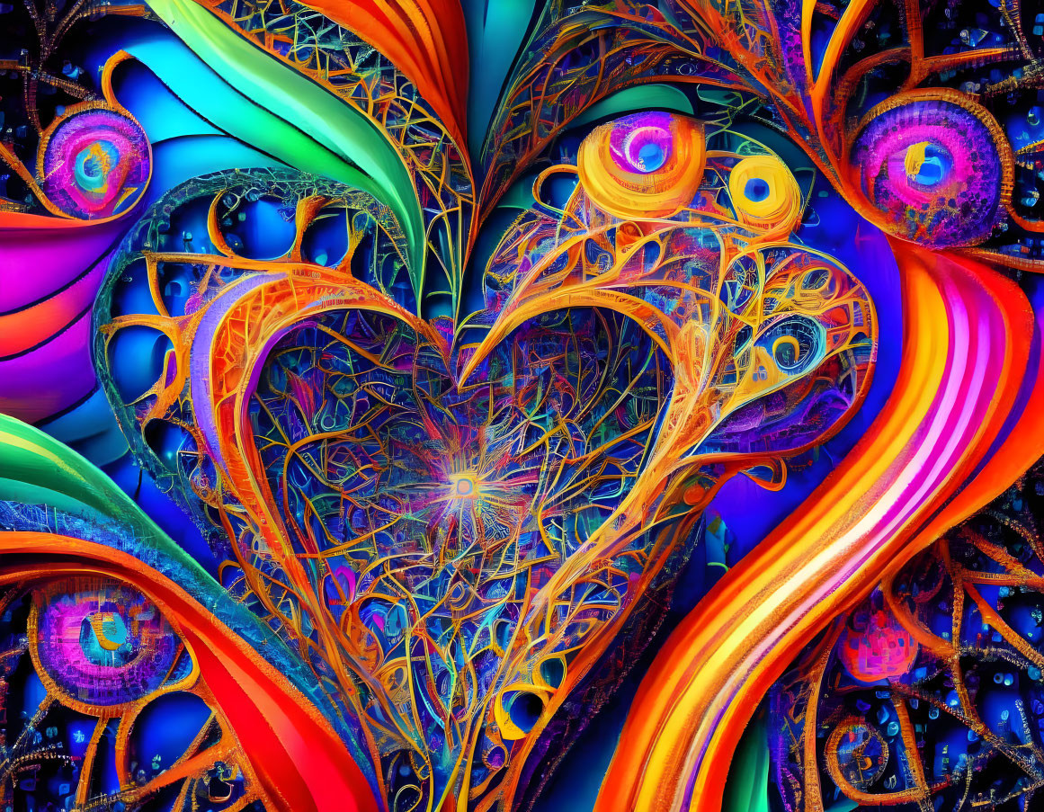 Colorful Heart-Shaped Fractal Art in Blue, Orange, and Purple